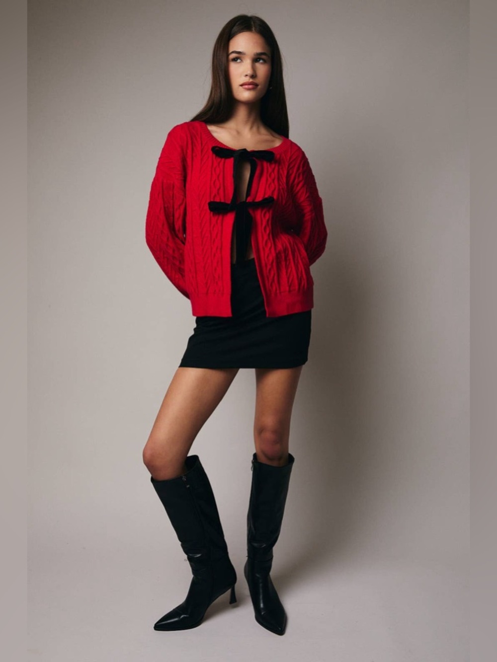 Red Cable-Knit Sweater Cardigan with Black Velvet Bows